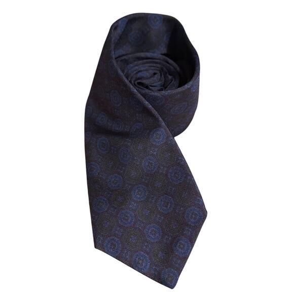 Vintage Tie Club Room Silk made in Italy Handmade in USA Blue Black Print - Picture 1 of 6